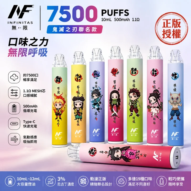 INF無限×鬼滅之刃聯名 7500口一次性電子煙 12ml油倉 Type-C快充