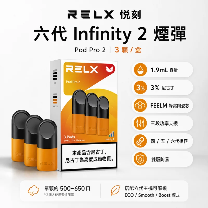 RELX悅刻六代煙彈Infinity Pro 2：1.9ml陶瓷芯通用4/5/6代主機