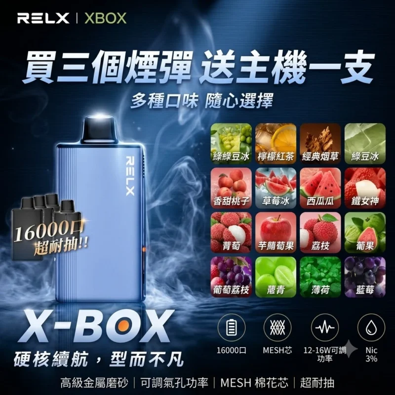 RELX X-BOX 16000口換彈式主機｜Mesh霧化×Type-C補電